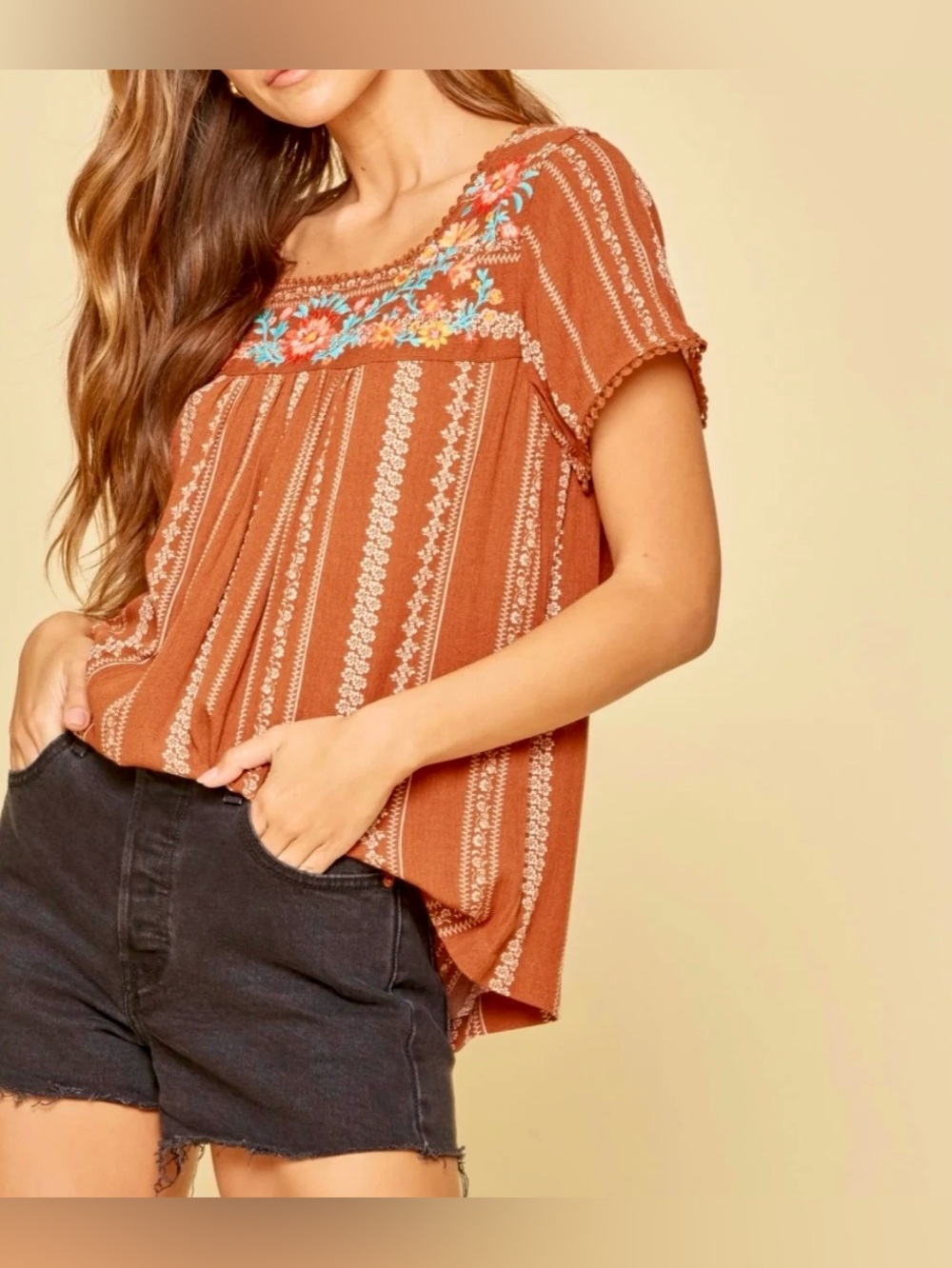 Savanna Jane Brown Embroidered Scoop-Neck Tunic with Multicolor Floral Yoke